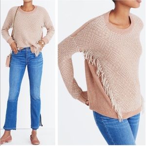 NWOT Reverse-Diamond Boho Pullover Pink Off White Fringe Merino Wool Sweater